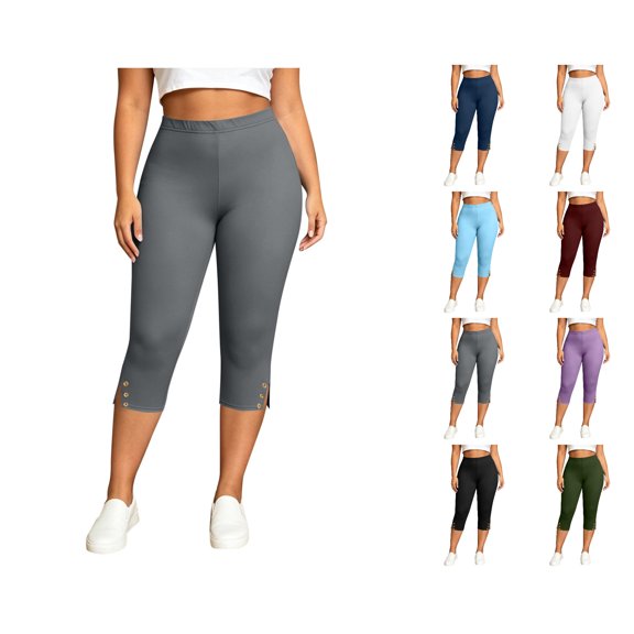 Nugftut Plus Size Capris for Women, Elastic High Waist Side Slit Yoga Pants Solid Color Capri Leggings