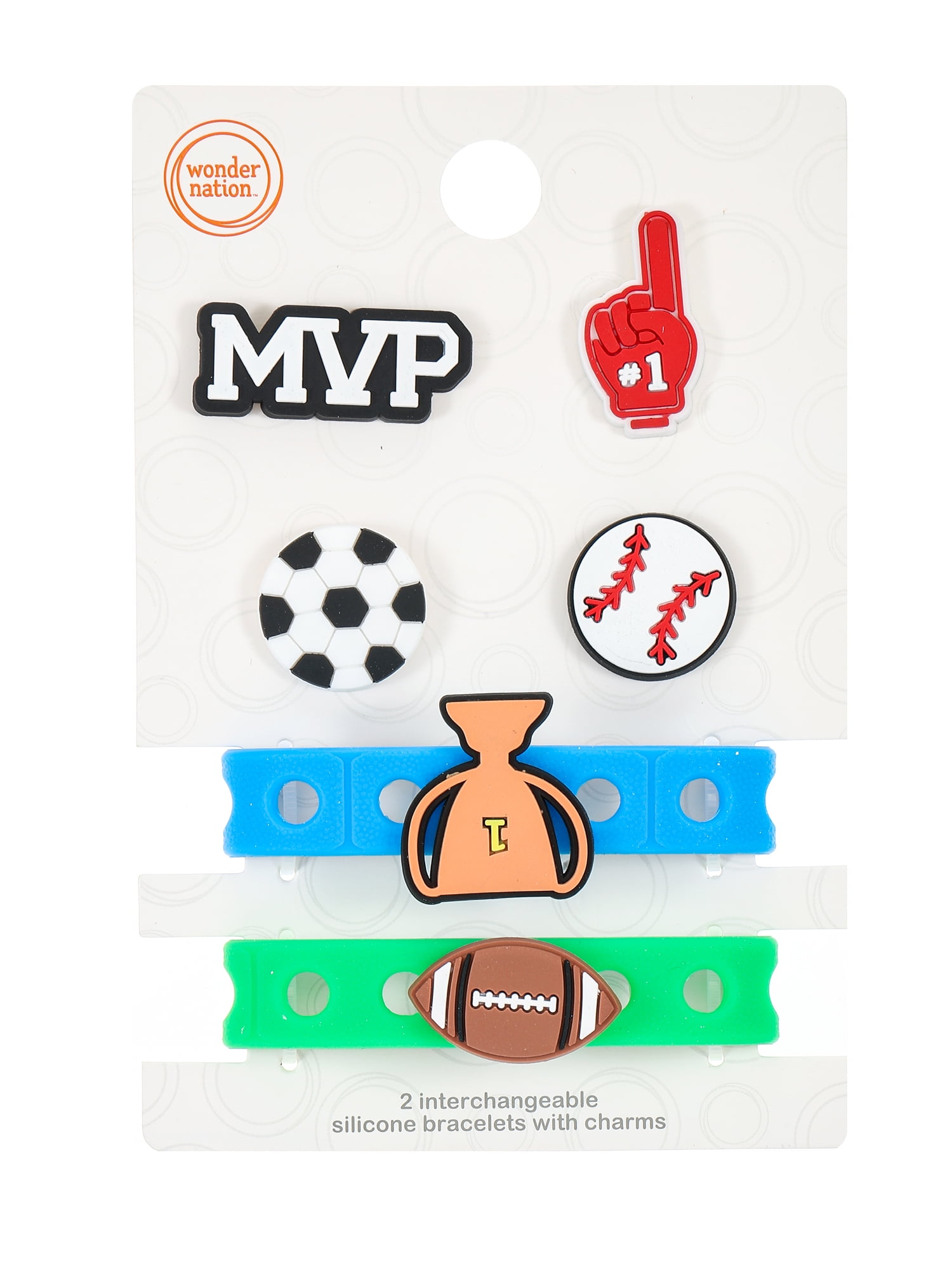 Wonder Nation Silicone Charm Bracelet Set for Kids with Interchangeable Bracelets and Charms, Blue and Green, 8 Pieces