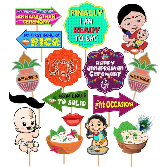 Annaprashana Photo Booth Props Pack of 16 - Rice Ceremony Decorations / Annaprashan Decoration Items