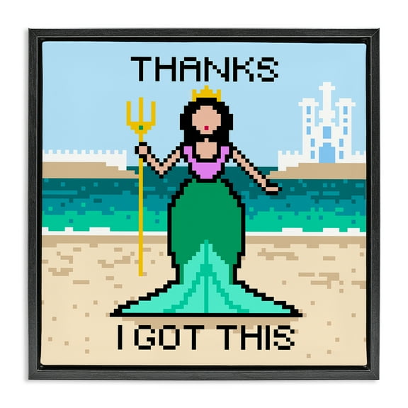 Stupell Industries I Got This Pixel Mermaid People Painting Black Floater Framed Canvas Art Print Wall Art, 18 x 18