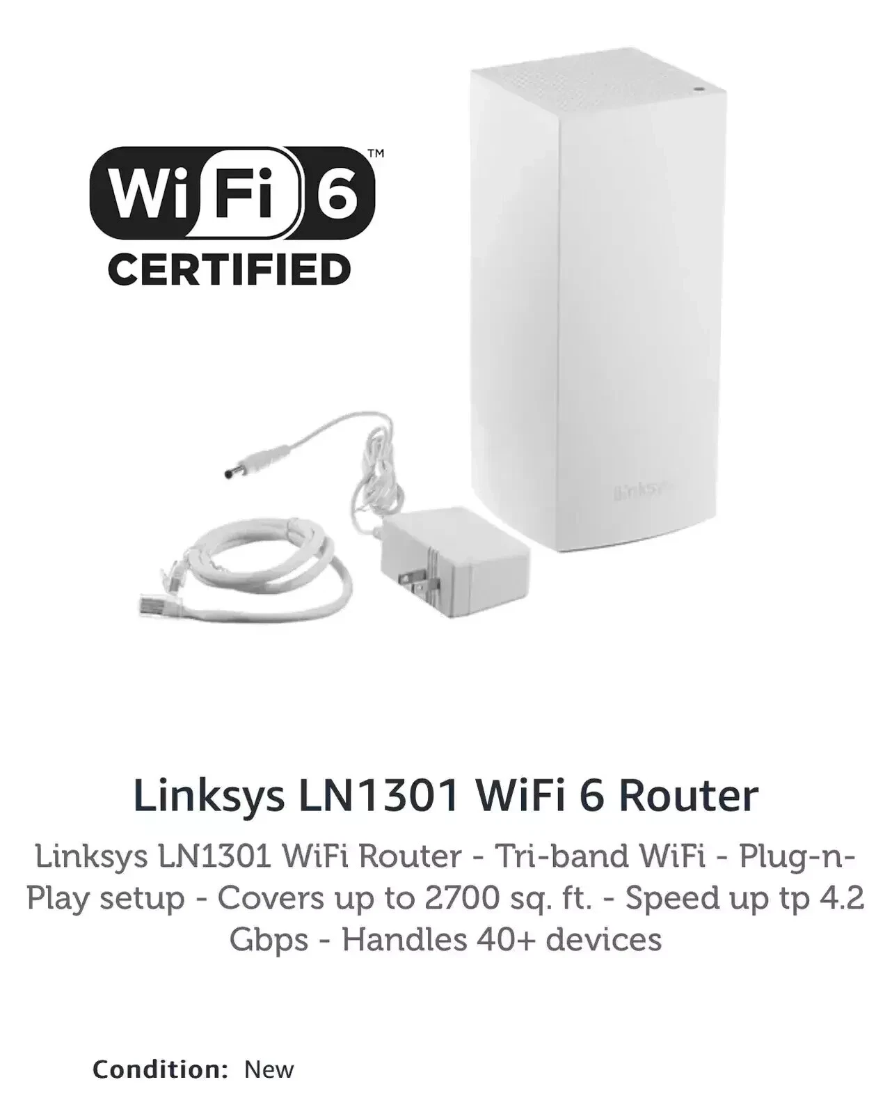 Open Box Linksys LN1301 WiFi Router - Tri-Band WiFi - Plug-n-Play Setup - Covers up to 2700 sq. ft. - Speed up tp 4.2 Gbps - Handles 40+ Devices