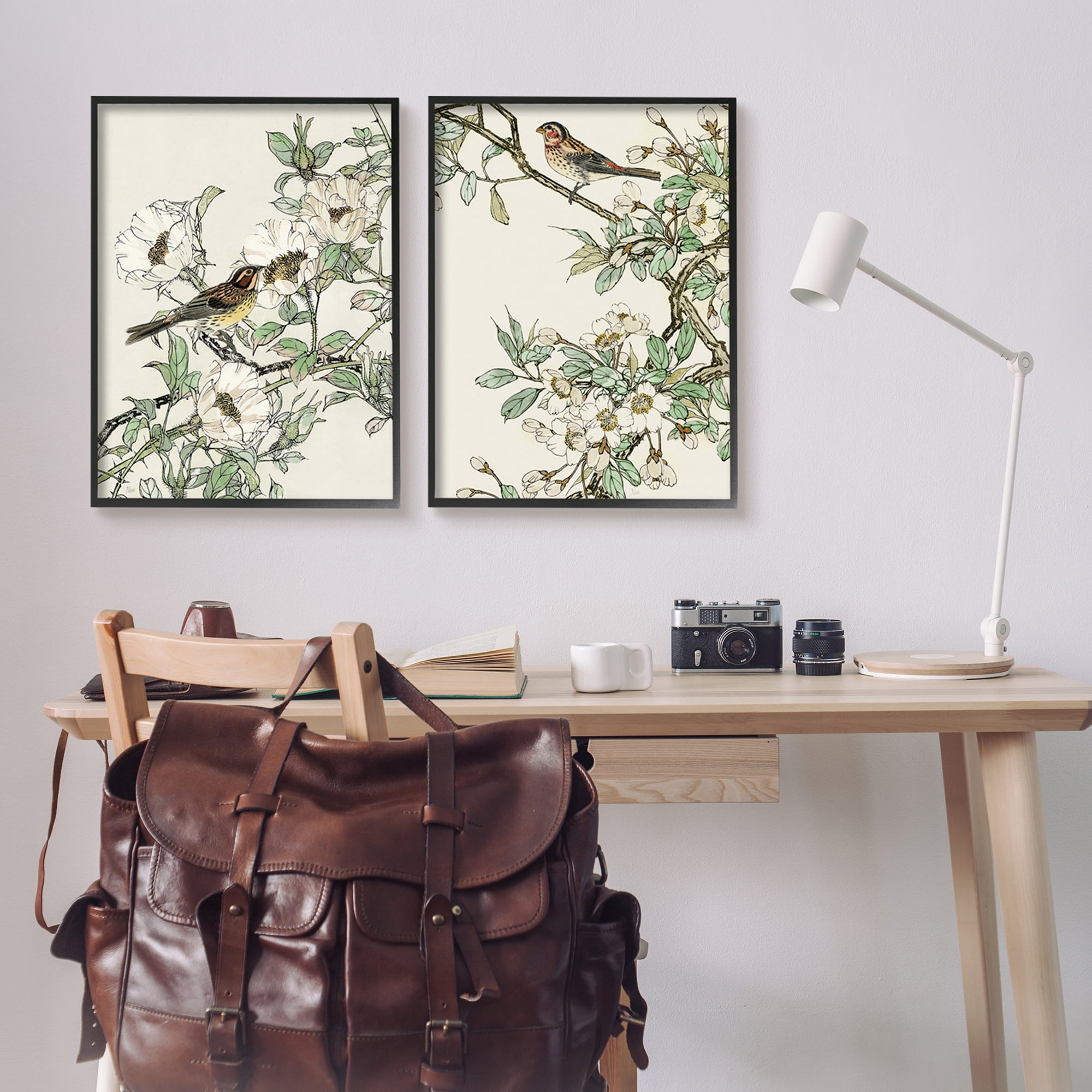 Stupell Industries Classic Sparrow on Blossoms Animals & Insects Painting Black Framed Art Print Wall Art, 24 x 30, Set of 2
