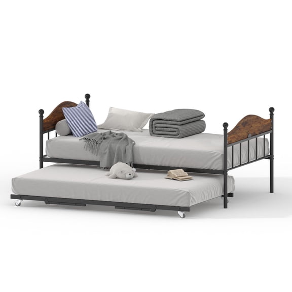 Twin Daybed with Trundle, with Sturdy Metal Foldable Trundle, Sofa Bed with Stylish Headboard for Living Room, Bedroom and Guest Room, Brown