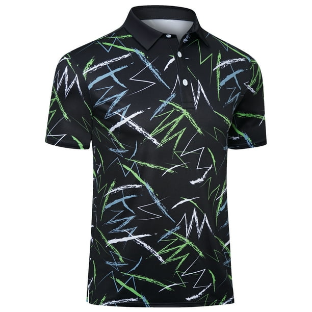Mens Polo Shirts Dry Fit Performance Print Collared Golf Shirt Short Sleeve Black XXL