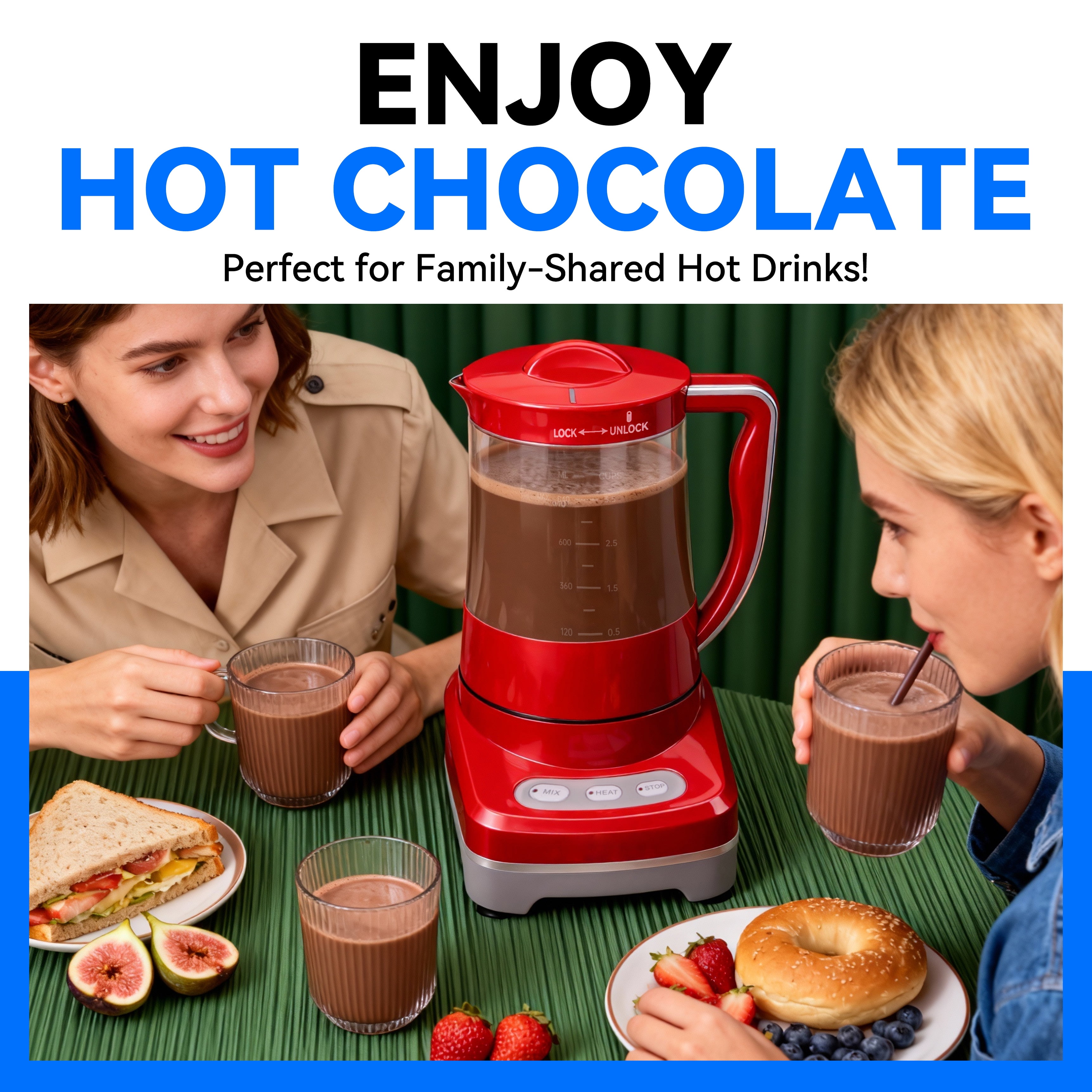Mailand Hot Chocolate Drink Maker, 29 oz (3.5 Cups), Electric Milk Frother and Steamer, Red