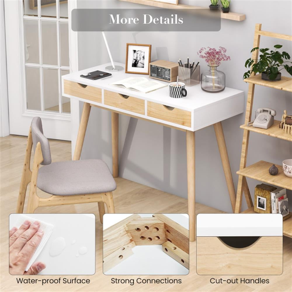 Demi Bonn Computer Desk with 3 Drawers and Solid Rubber Wood Legs for Home Office Desk Study Writing Table, White