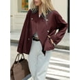 thumbnail image 5 of Women Cropped Trench Coat Oversized Double Breasted Lapel Long Sleeve Short Jacket Fashion Outerwear Wine Red XL, 5 of 7