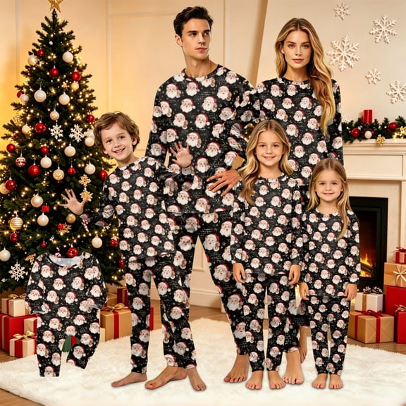 Wuceii Christmas Pajamas Family Matching Set - 2 piece Cute Black Santa Claus Print Long Sleeve Onesies Pajamas, Holiday Movie Night Loungewear Jumpsuit for Christmas Eve for 12 Months Pjs