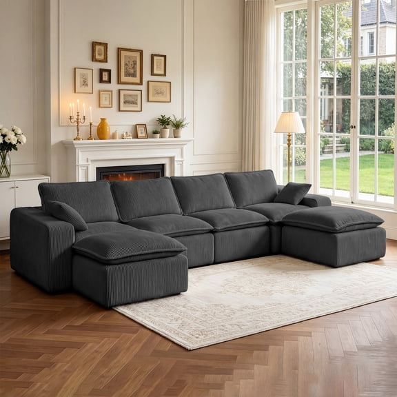 137" U-Shaped Modular Sectional Sofa, 6 Seat Oversized Cloud Couch with Movable Ottoman, Gray Corduroy Fabric Deep Seat Couch with Memory Foam Cushions for Living Room