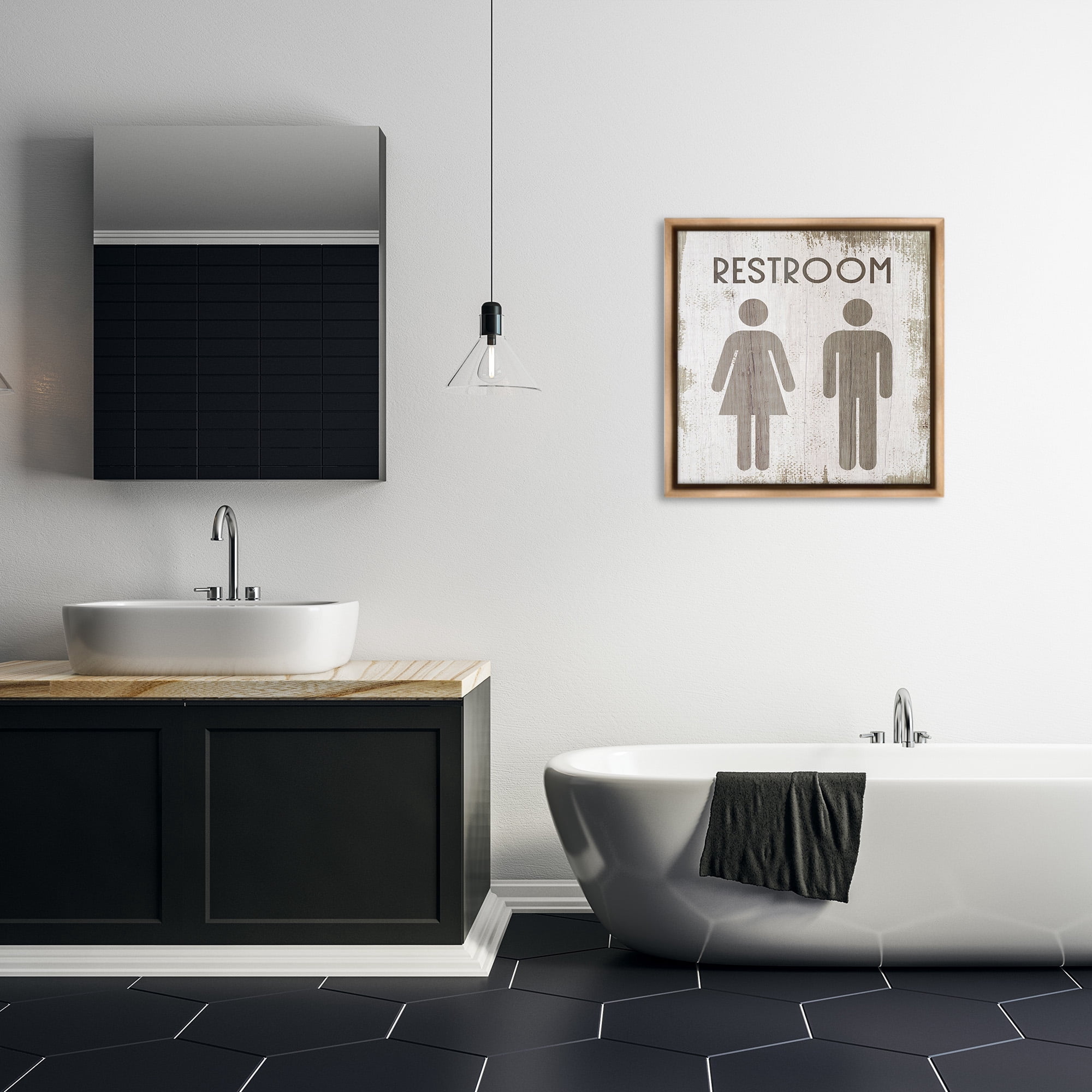 Stupell Industries Vintage Restroom People Silhouettes Typography Painting Brown Floater Framed Canvas Art Print Wall Art, 25 x 25