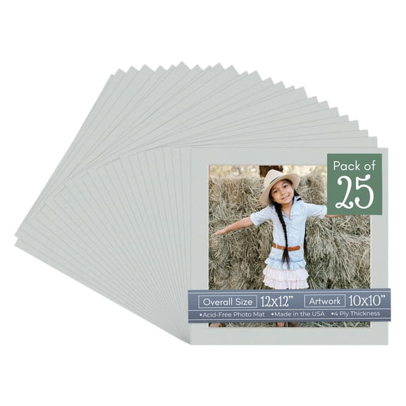 Gray Picture Frame Mat for 12x12 Frames - Fits 10x10 Photos - 25 Mats