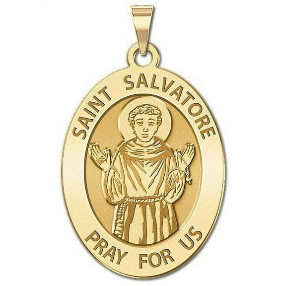 Saint Salvatore Religious Medal OVAL  - 1/2 x 2/3 inch Size of Dime, Solid 14K Yellow Gold