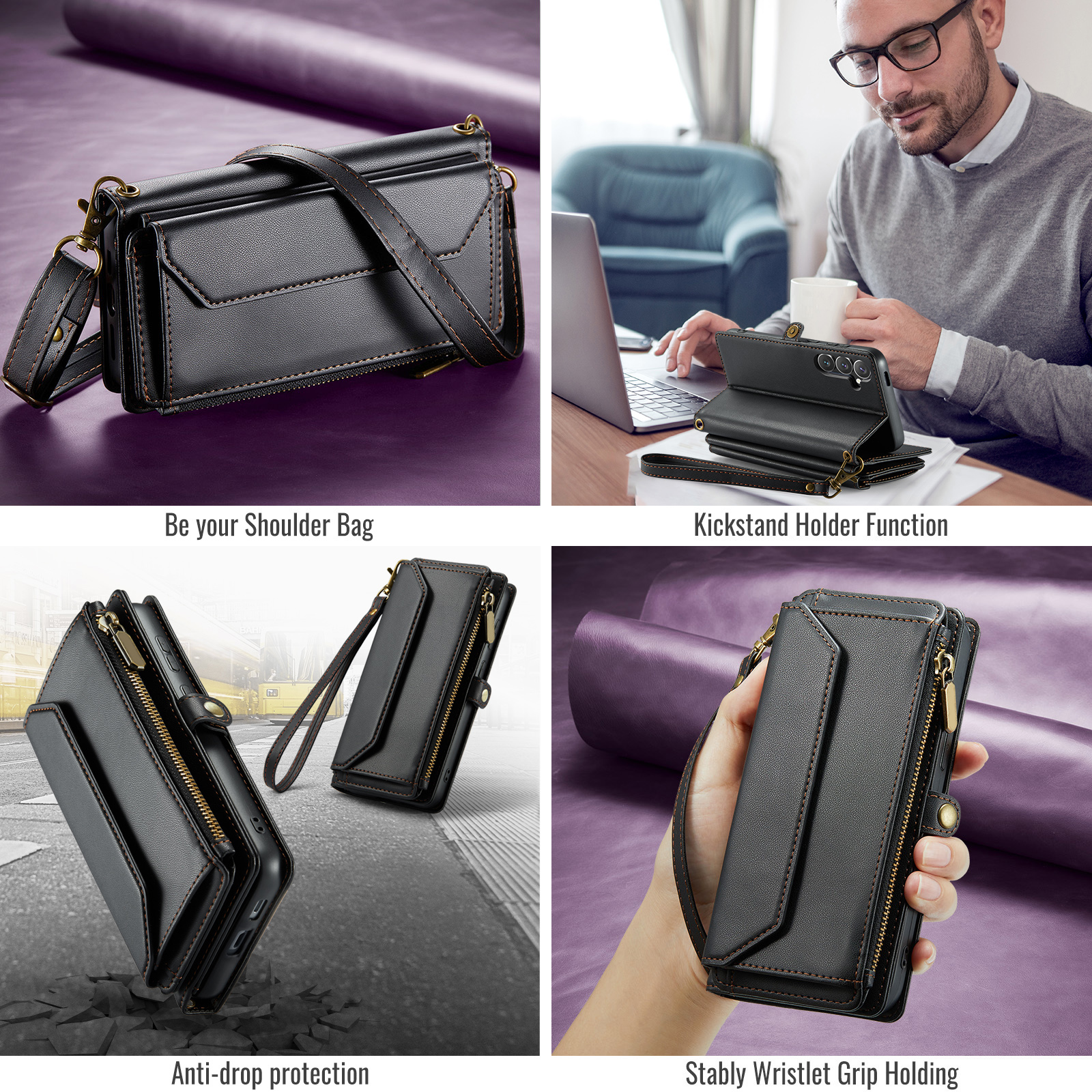 Compatible with Samsung Galaxy S24 FE 5G Zipper Wallet Phone Case Tempered Glass Screen Protector Crossbody Lanyard Strap Flip Card Holder Slot Cell Cover for S 24 EF AI S24FE 24S Women Girls Black