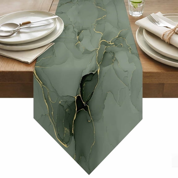 Abstract Table Runner 90 Inches Long Sage Green Golden Marble Fluid Lines Table Runners for Dining Room Tabletop Dresser Scarf Home Party Banquet Wedding Holiday Decoration