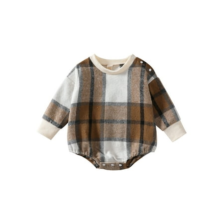 

Diconna Baby Boy Girl Plaid Flannel Romper Sweatshirt Onesie Crewneck Oversized Long Sleeve Bodysuit Outfit Coffee 6-12 Months