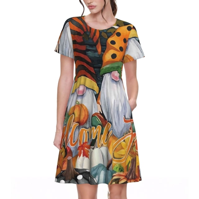 Bixox Robe d'Été à Manches Courtes pour Femmes Robe Ample Longueur Genou avec Poches-Welcom Automne