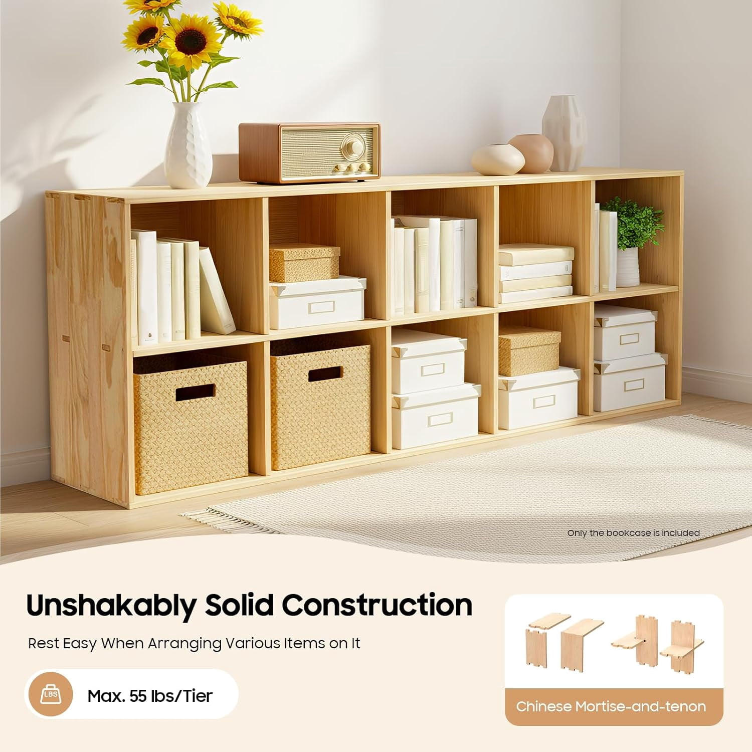 59 x 11.8 x 23.6 Inch 2-Tier Horizontal Solid Wood Bookcase, 10-Cube Storage Organizer for Living Room or Home Office