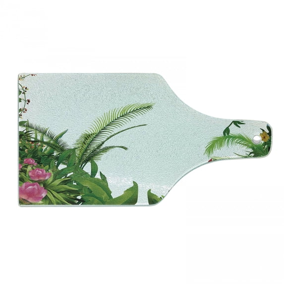 Plant Cutting Board, Hand Drawn Illustration of Tropical Plants with Assorted Colors Exotic Shrub, Tempered Glass Cutting and Serving Board, Wine Bottle Shape, Green Multicolor, by Ambesonne