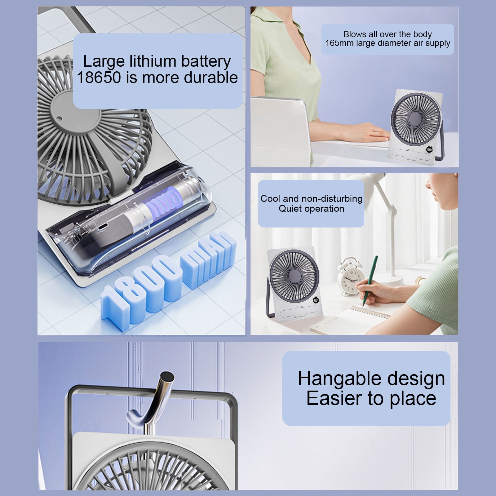 Yhmxh Small Desk Fan, 5 Speeds Adjustable Quiet Portable Rechargeable USB Fan With Digital Display, 180° Summer Wall-Mounted Fans for Home Office Kitchen Travel Outdoor (White)