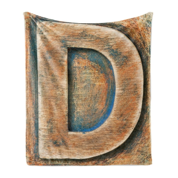 Letter D Soft Flannel Fleece Throw Blanket, Scratched Wooden Timber Typography Character Rough Display Font Language, Cozy Plush for Indoor and Outdoor Use, 70" x 90", Orange Blue Grey, by Ambesonne