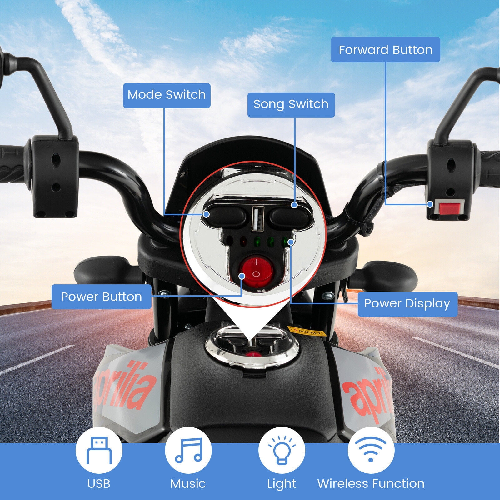WERSEON Kids Motorcycle 12V, Licensed Aprilia Electric Ride on Motorbike for Toddlers Ages 3-6, Powered Ride on Toy w/ Training Wheels, Blue