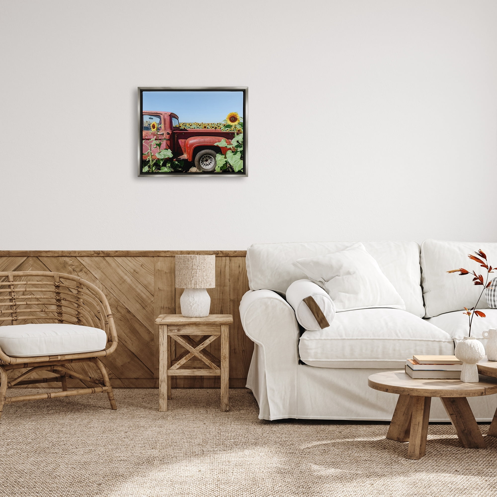 Stupell Industries Red Vintage Pickup Truck Amidst Sunflower Field Photograph Luster Gray Floating Framed Canvas Print Wall Art, Design by Kali Wilson