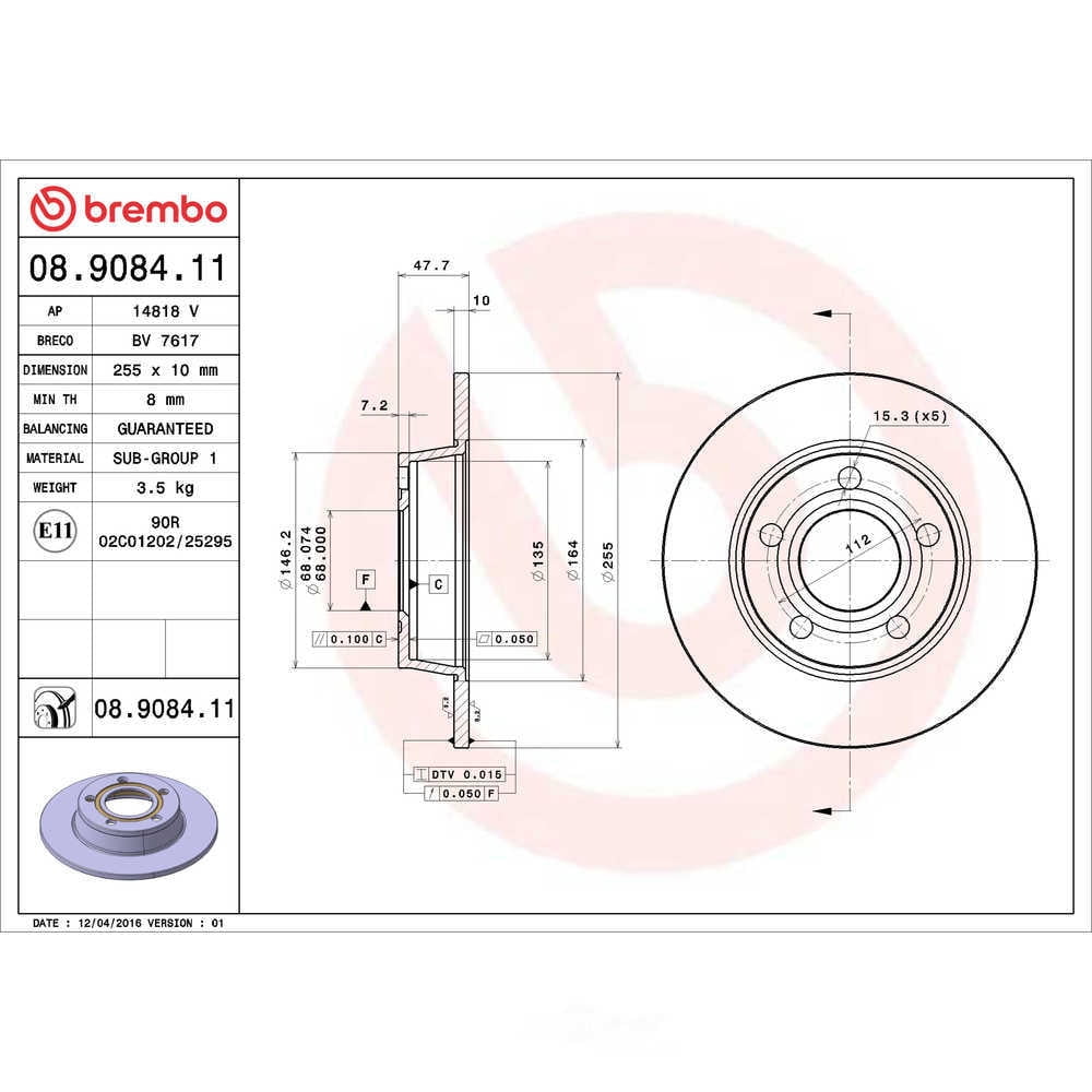 Brembo 08.9084.11 BRAKE ROTORS Fits select: 2003-2004 AUDI A6 2.7T QUATTRO, 2004 AUDI ALLROAD 4.2