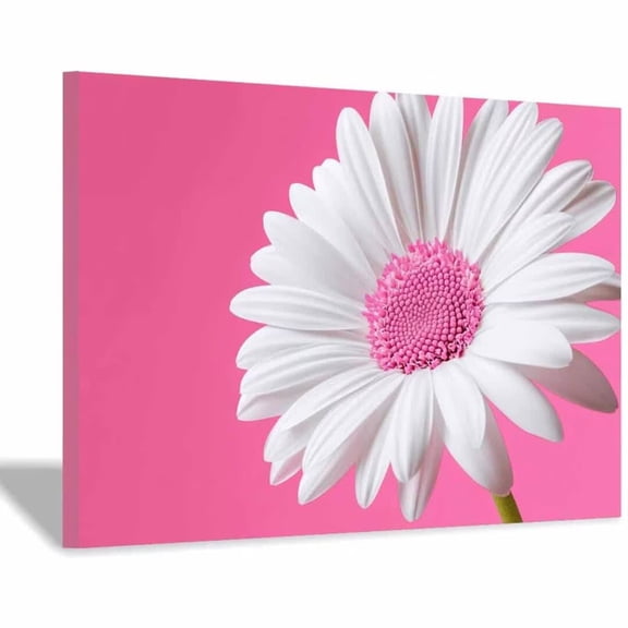 Mudket Framed Canvas Wall Art Ready to Hang, Pink Solid White Daisy Print, Minimalist Floral Wall Decor Canvas Artwork for Bedroom Kitchen Office, Single Bloom Flower Pictures - 12"L x 8"W