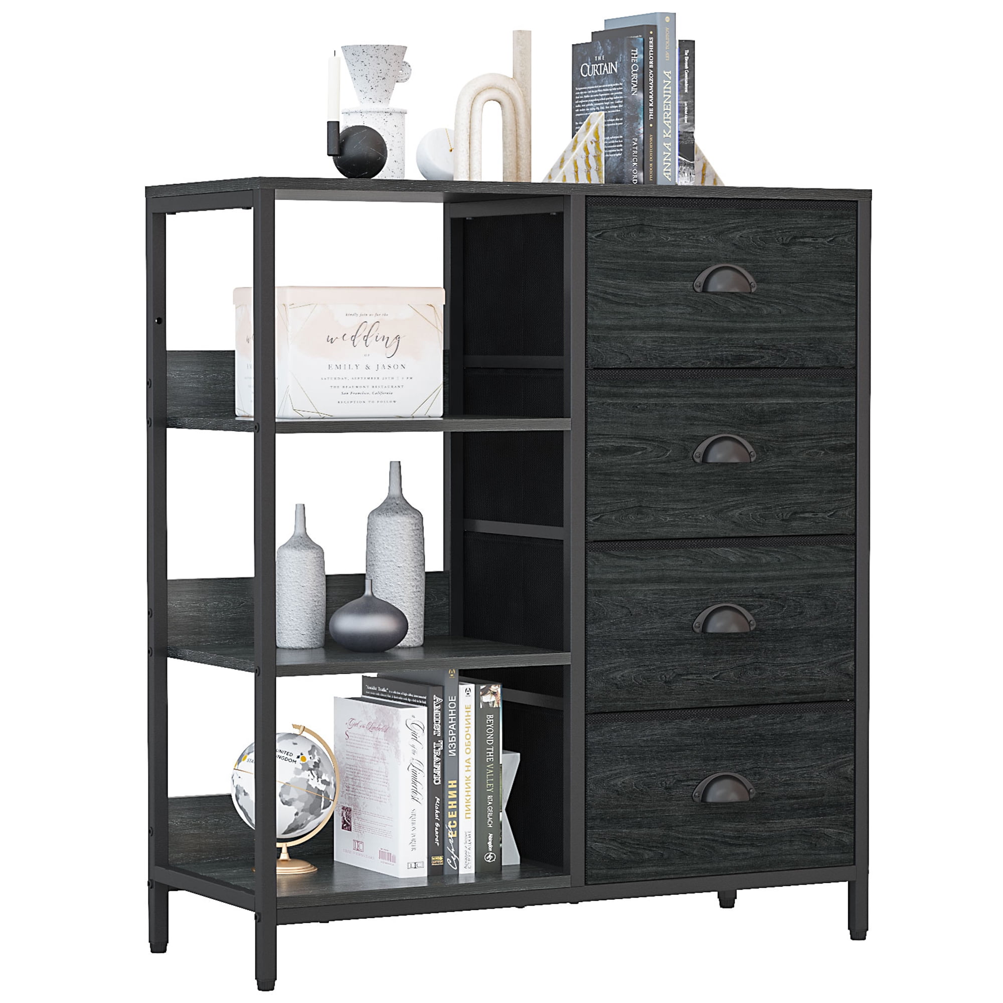 Furologee Black Dresser with 4 Drawers and Side Shelf, Industrial