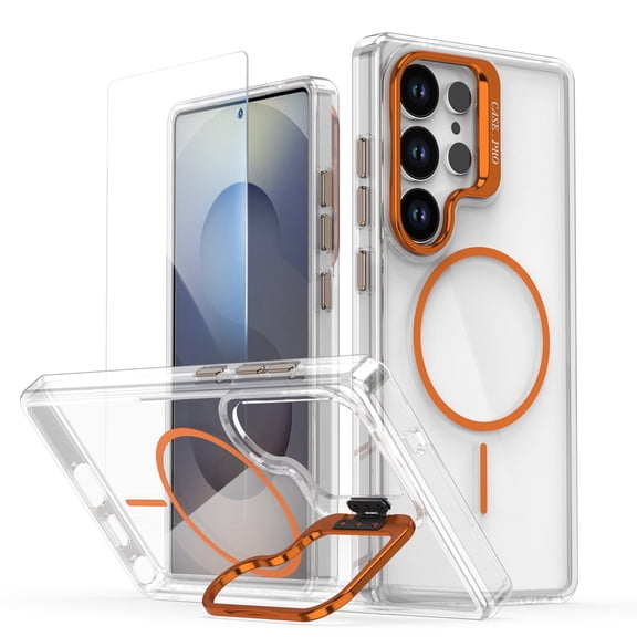 Clear Case for Samsung Galaxy S26 Ultra with Screen Protector, Compatible with Magsafe Camera Lens Stand Anti-Yellow Shockproof Magnetic Back Cover for Women Men, Orange