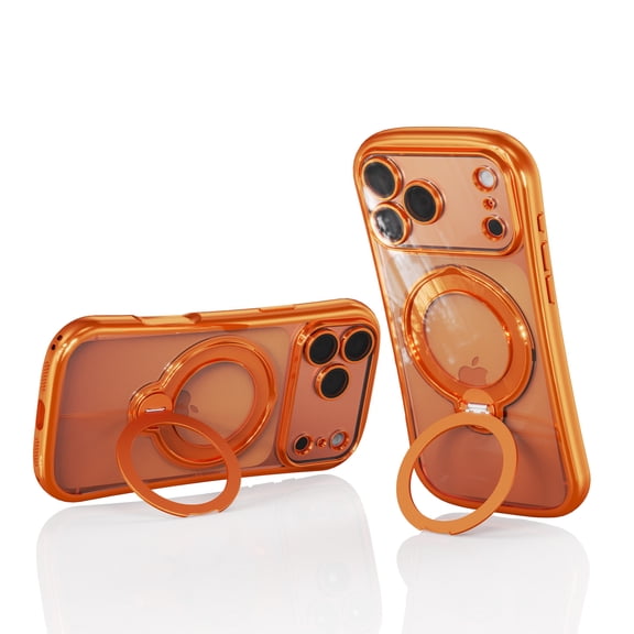 TECH CIRCLE for iPhone 14 Pro Case, Hourglass Shape, Clear Case with Crossbody Strap, Rotating Ring Stand, Camera Lens Protector, Compatible with MagSafe Charger and Magnetic Accessory, Orange