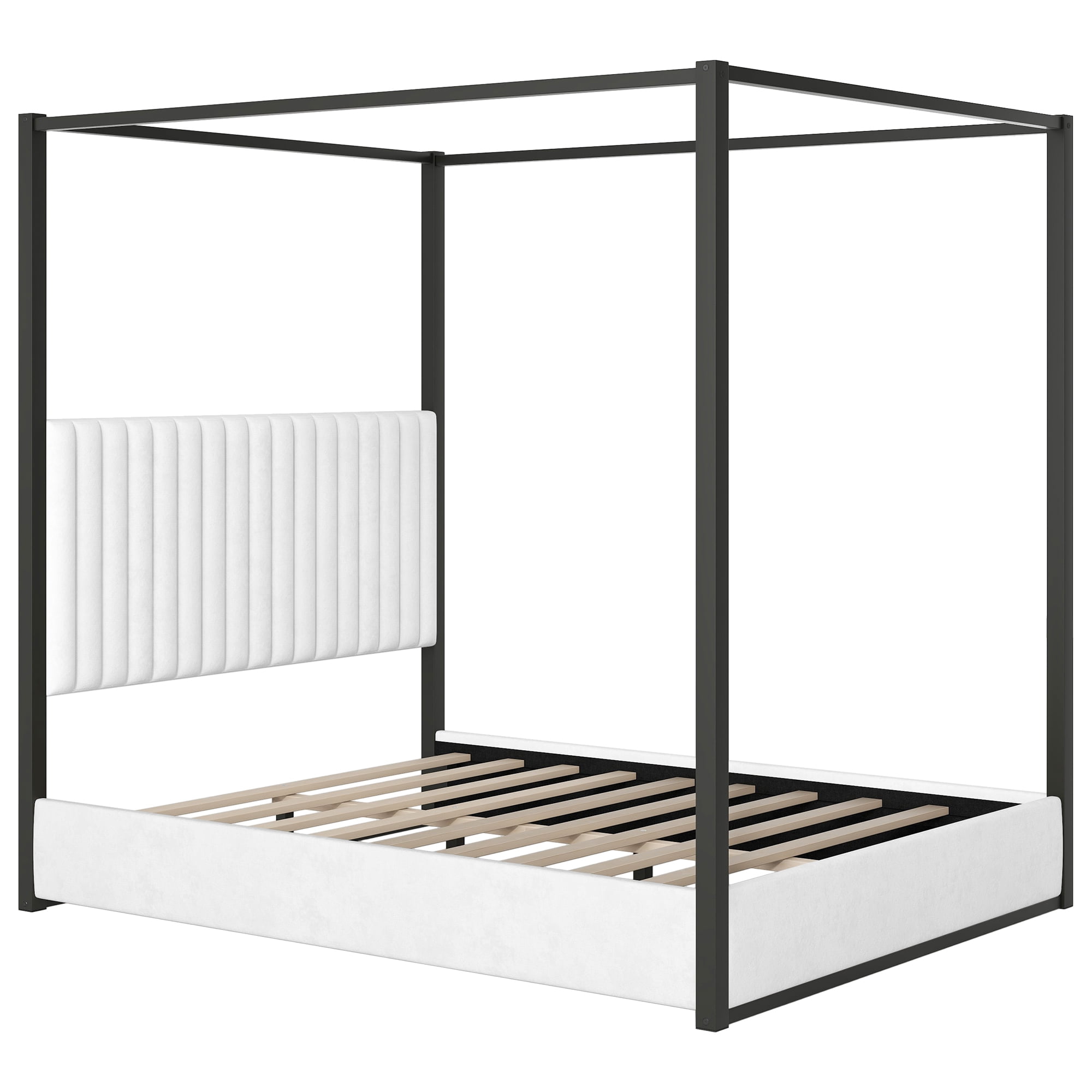 Euroco Upholstery Queen Size Canopy Platform Bed with Upholstery Headboard and Metal Bed for Adults, White