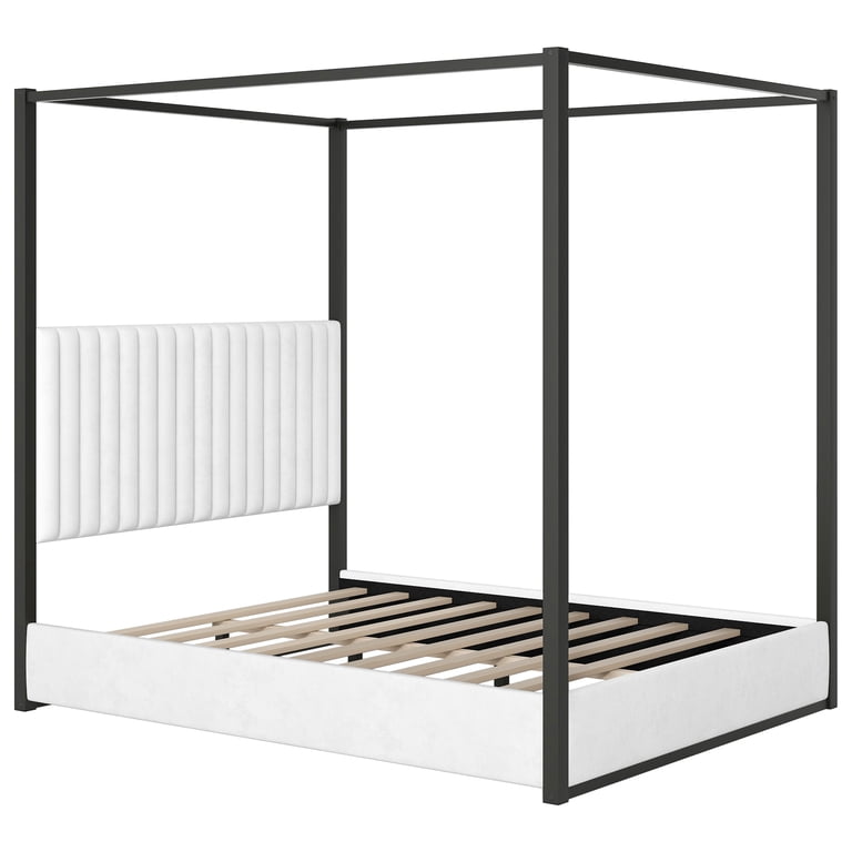 Euroco Queen Canopy Platform Bed with Upholstered Headboard, White photo 6
