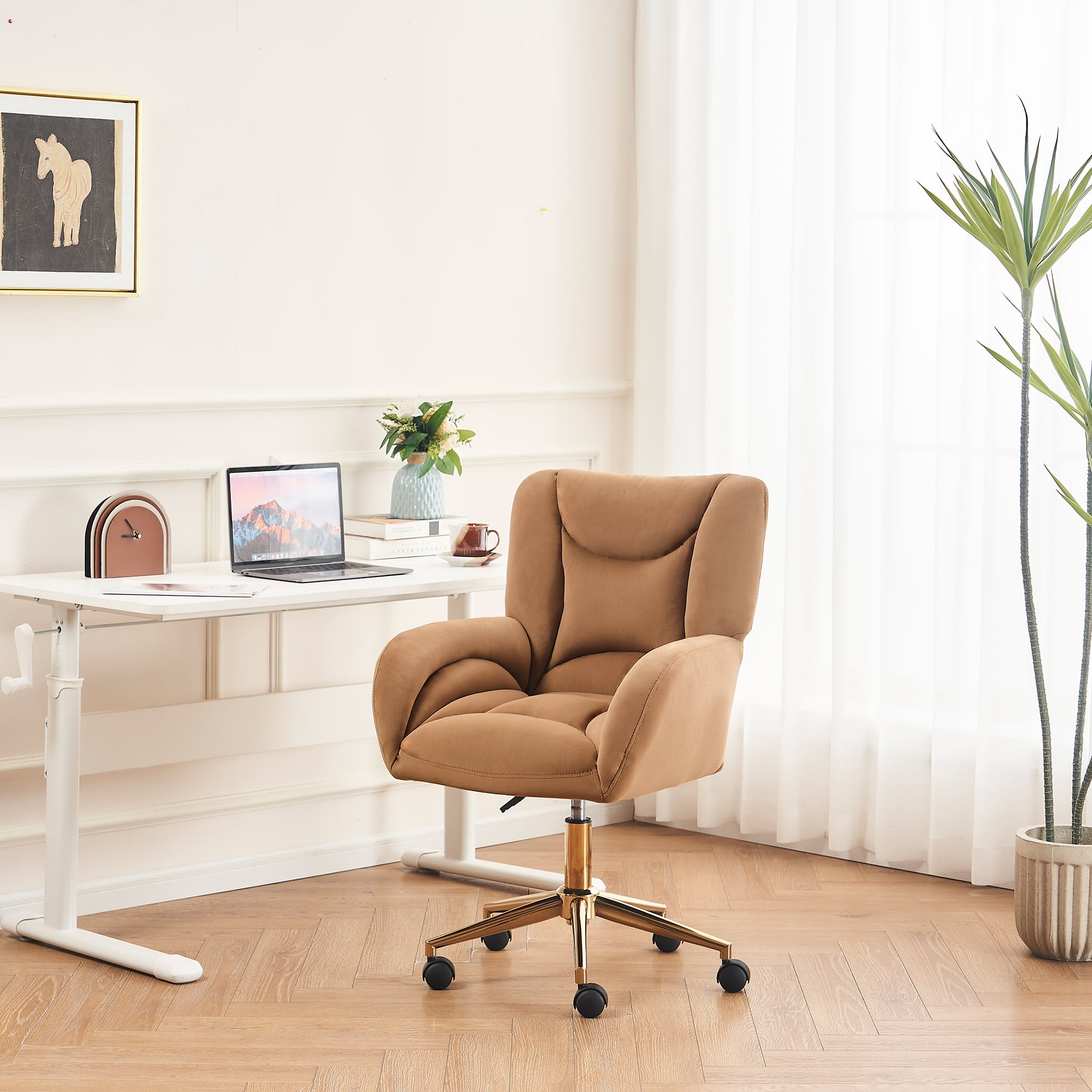 Desk Chair with Wheels and Arms Velvet Comfortable Desk Chair for Home Office Height Adjustable Vanity Chair Modern Task Chair Computer Desk Chair Coffee