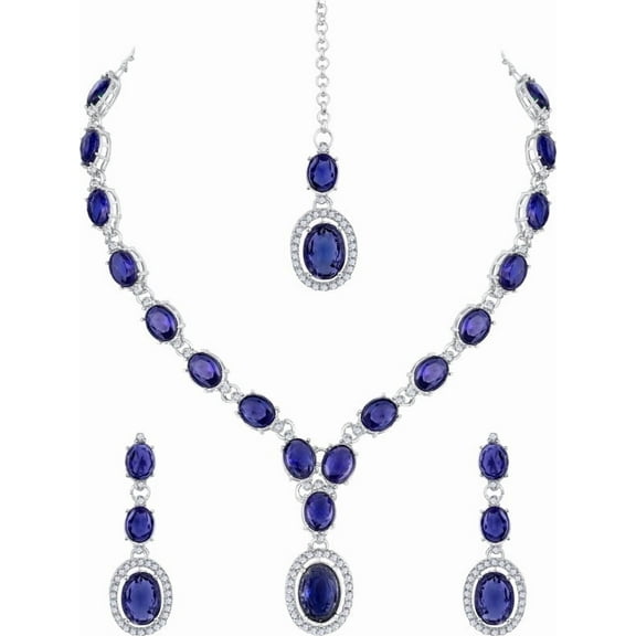 Parshwa Creations Indian Bollywood Style Silver Plated Rhinestone Jewelry Set Necklace with Earrings for Women - Resin Bead, Alloy Jewelry Set for Party, Wedding, Engagement