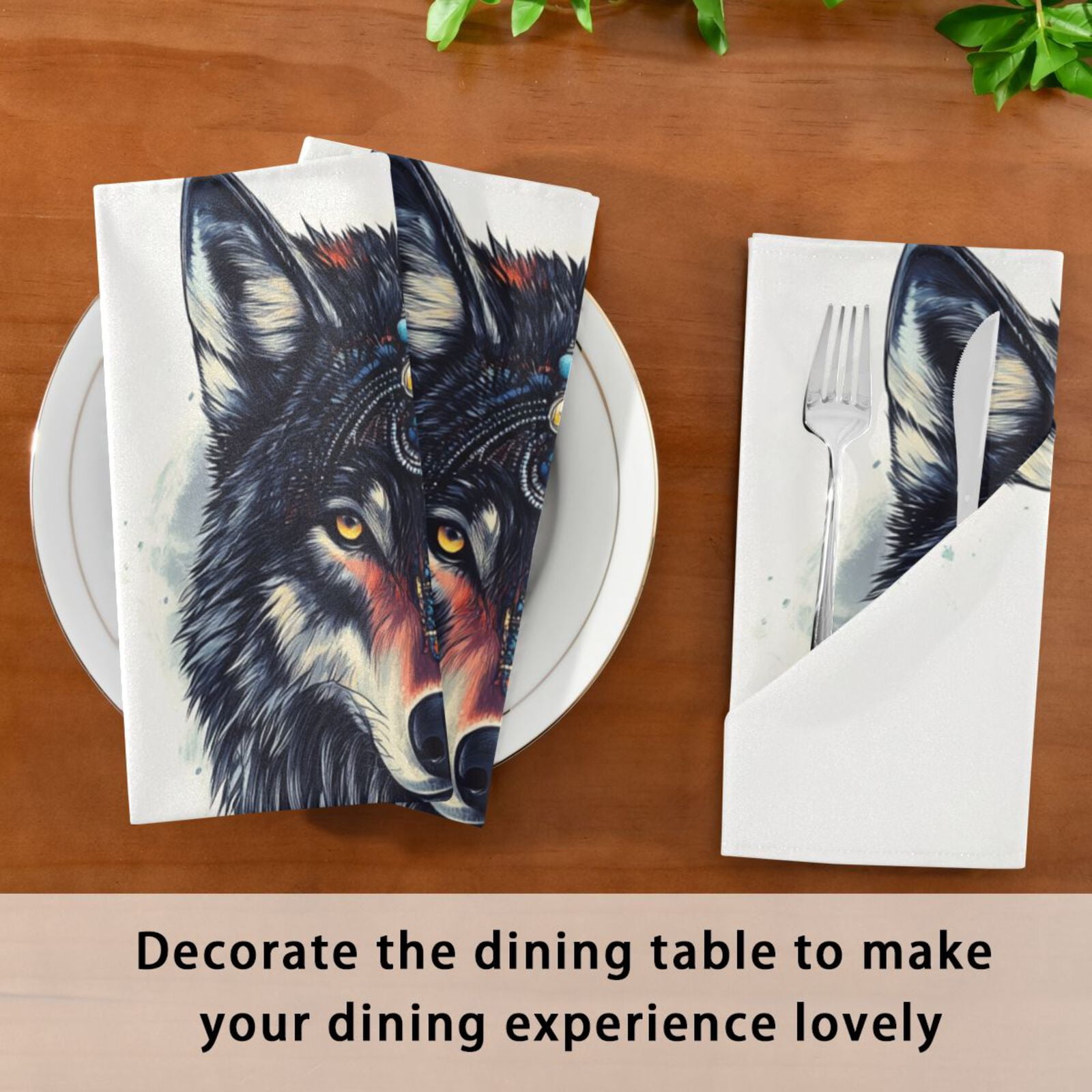 JSTEL Boho Wolf Potrait Cloth Napkins Set of 6, 20x20 Inch Washable and Reusable Napkin for Decoupage Dinner Party Everyday Use