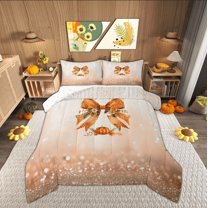 Manfei Vintage Princess Ribbon Queen Comforter Set for Kid, Autumn Pumpkin Bedding Sets, Fashion Sequin Print Reversible Bedding Comforter Set, Microfiber Bedroom Decor, 3 Pieces