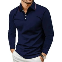 Homeyce Polo Shirts for Men Contrast Collared Long Sleeve Shirts Button Solid Color Polo Sweatshirt Classic Casual Lightweight Golf Shirt,Navy M