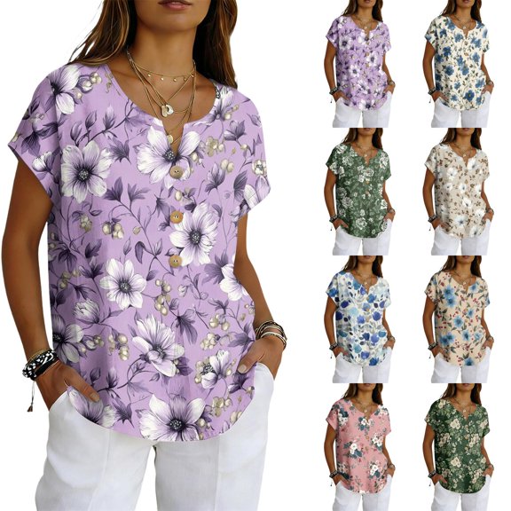 Vintage Floral V-Neck Tunic Tops for Women - Short Sleeve Button Detail Casual Blouse, Loose Fit Cotton-Linen Look Pullover Shirt for Summer & Vacation Green XXL