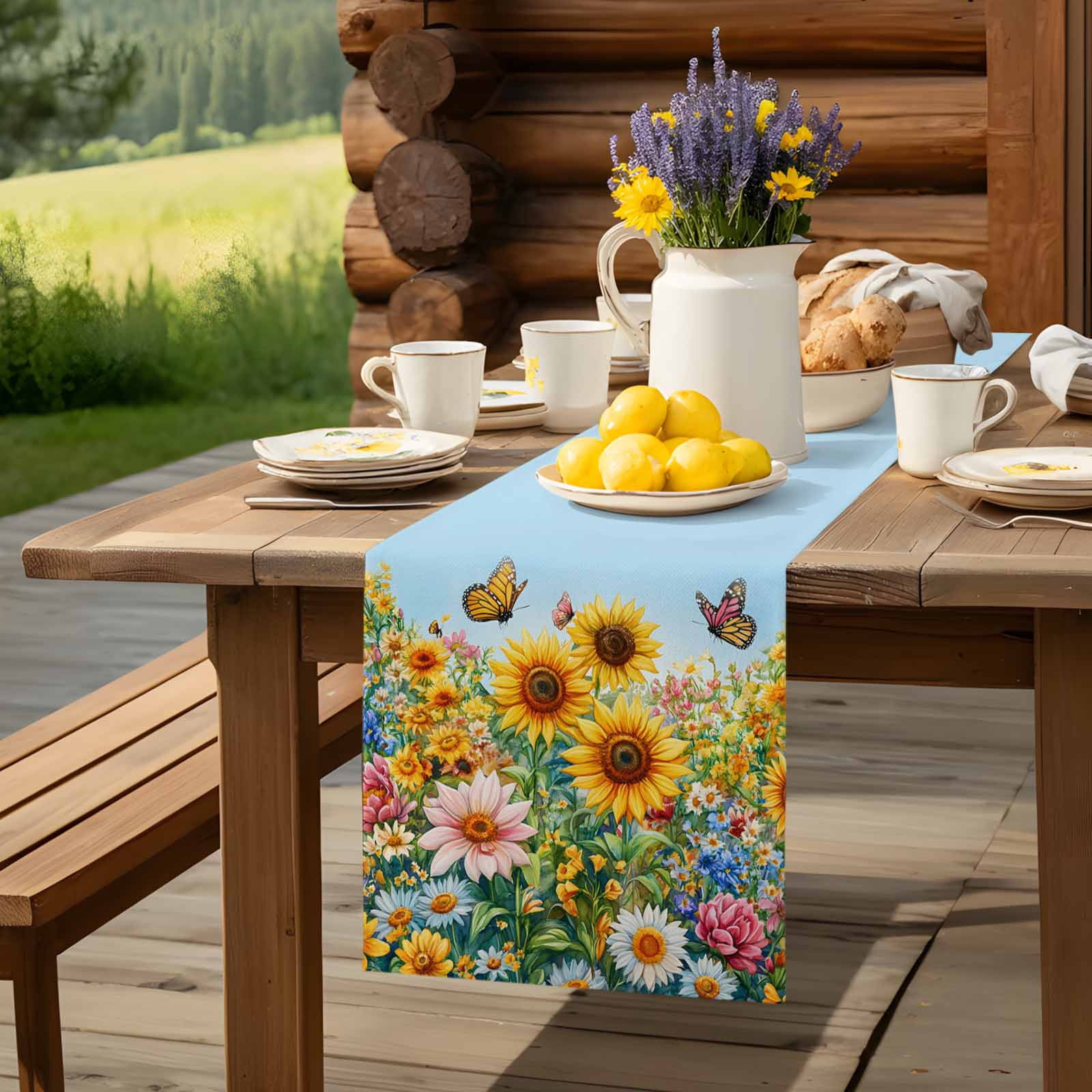 Watercolor Sunflower Butterfly Table Runner 90 Inches Long, Summer Garden Pastoral Plants Table Runners Tabletop Scarf Kitchen Dining Tables Decoration for Home Party Indoor Outdoor