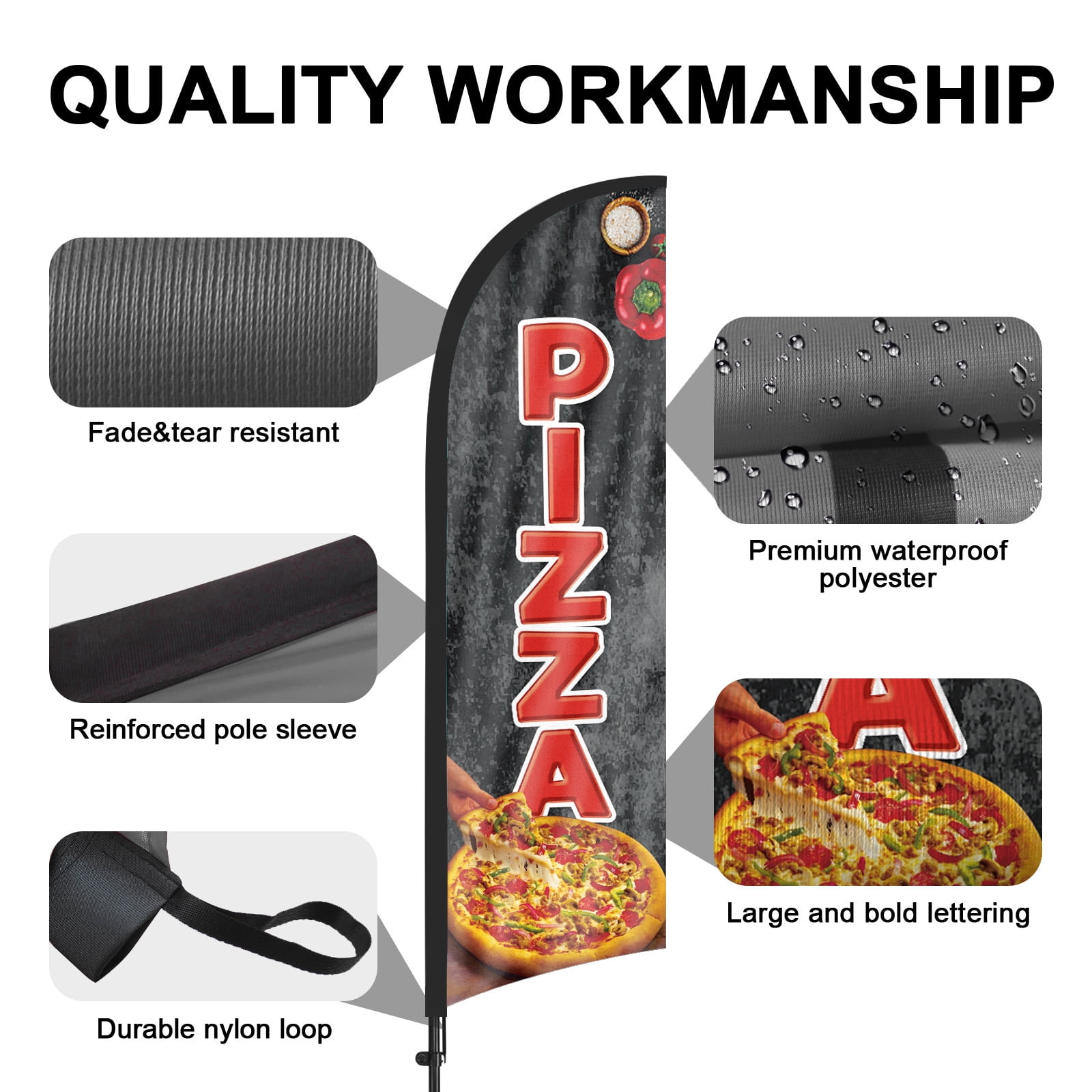 QSUM Pizza Feather Flag with Flag Pole Kit and Ground Spike, 8.2FT Pizza Windless Flag Banner Sign Business for Outdoor Advertising Sign Decoration Display