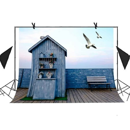 Image of GreenDecor 7x5ft Fashion Backdrop Wooden House Floor Bench Railings Seagull Picture Shoot Video Photo Booth Studio Props Background