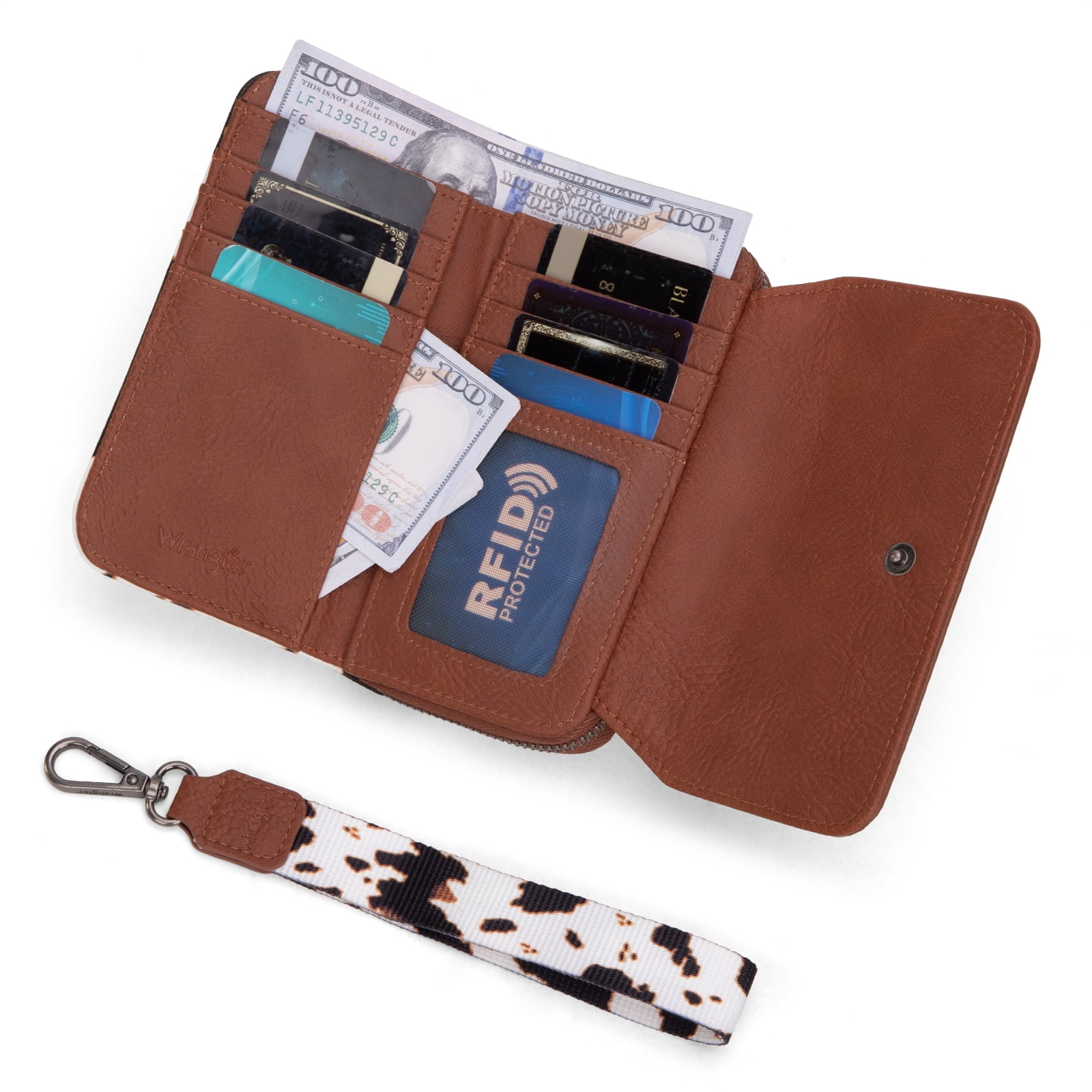 Wrangler Wallet Purse for Women Minimalist Wristlet Wallet with RFID Blocking Credit Card Holder, Cow Brown