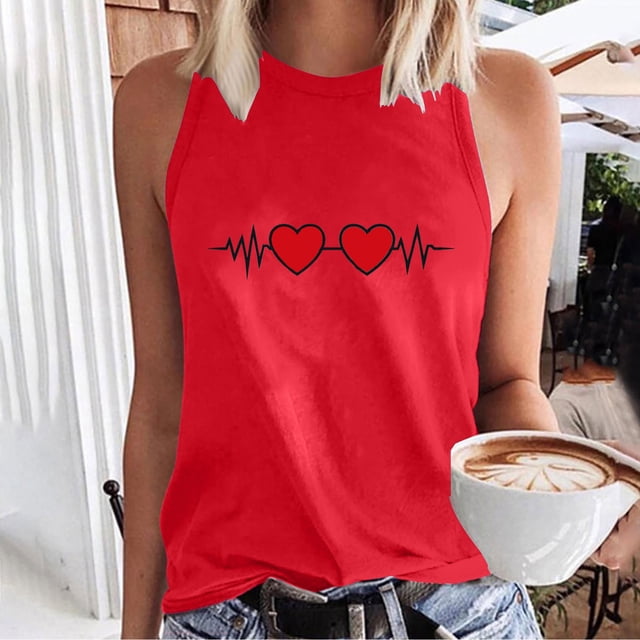 UPPADA Débardeurs Grande Taille pour Femmes Décontracté Sans Manches T-Shirts Graphiques Surdimensionnés Cœur Sans Manches T-Shirts Graphiques Rouges,S