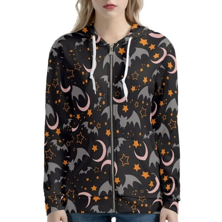 Renewold Stars Bats Long Sleeve Zip Up Hoodies Personalized Sweaters Y2K Jacket Halloween Streetwear Cozy Round Neck Long Sleeve Cricket Clothing Sweatshirt Size S