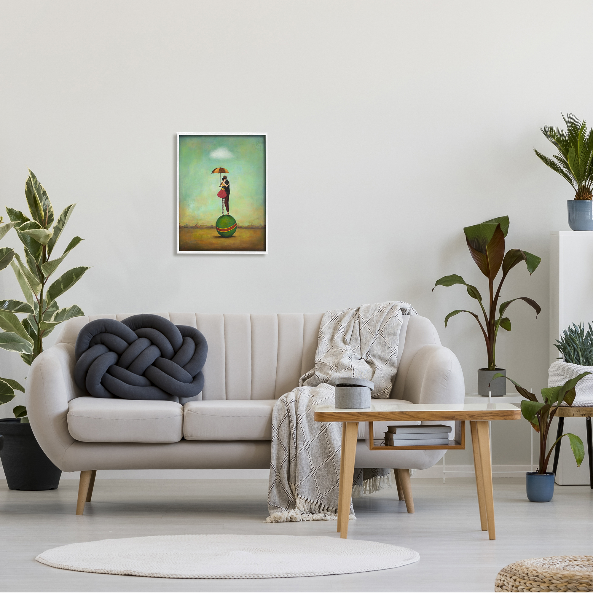 Surreal People & Umbrella Balancing Green Striped Ball Novelty Painting Framed Art Print Wall Art