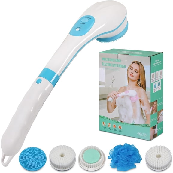 Electric Bath Brush Back Scrubber for Shower, Detachable Long Handle Exfoliating Face Cleansing Silicone Massager, 5 Brush Heads, 6 Speeds, Deep Clean Electronic Body Brushes for Men Women