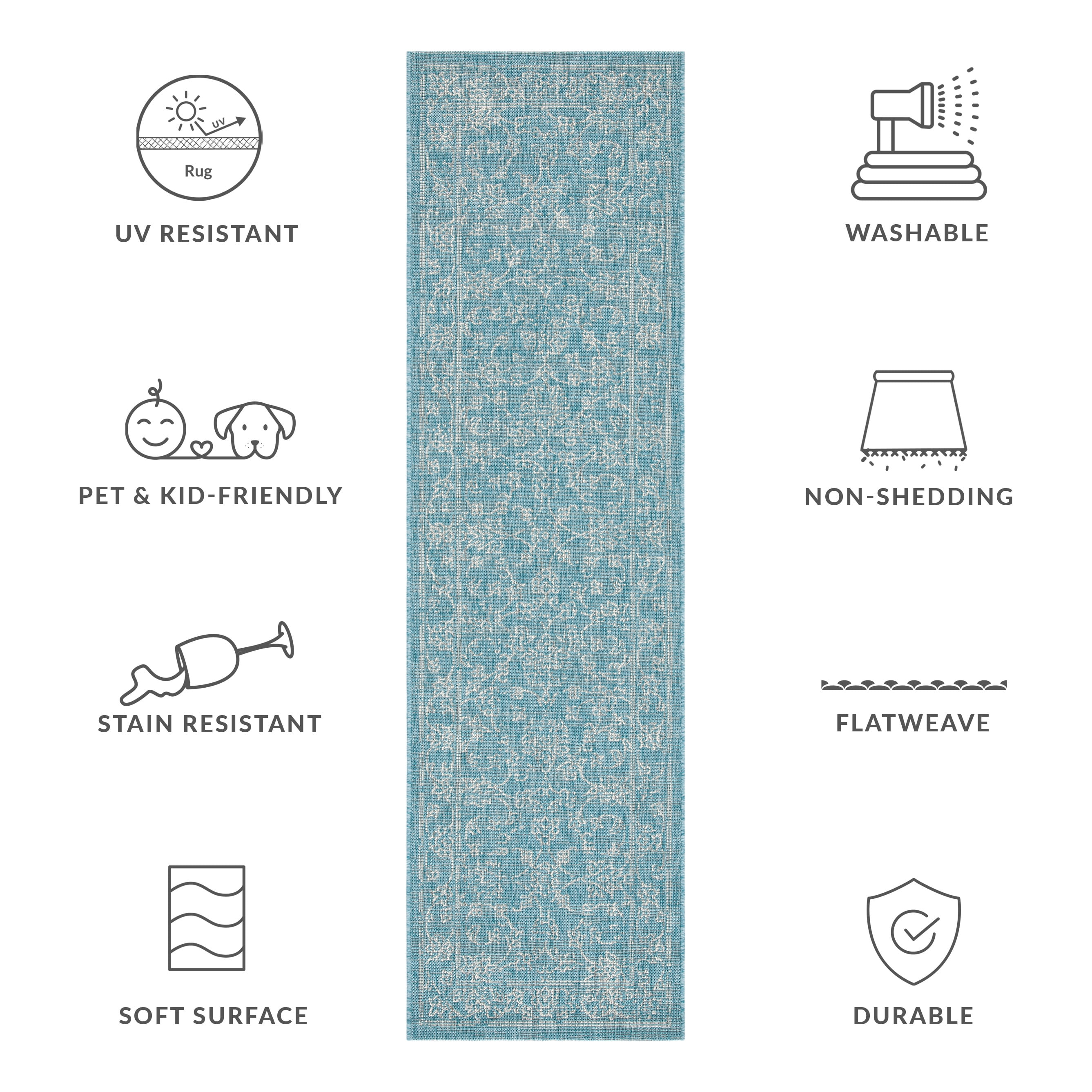 SAFAVIEH Courtyard Darin Traditional Indoor/Outdoor Runner, 2'3" x 12', Aqua/Grey