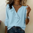 thumbnail image 2 of Khunlpohl 3/4 Sleeves Cotton Linen Tops for Women V Neck Ruffled Solid Color Clothes Casual Business Trendy Dressy Blouses, 2 of 8