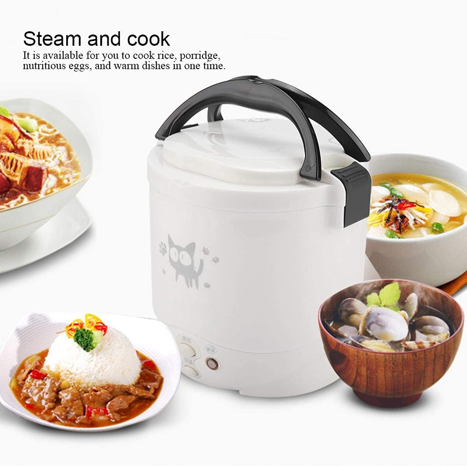 Portable Rice Cooker for Travel  12V 100W 1L Electric Multifunctional Food Steamer Lunch Box White